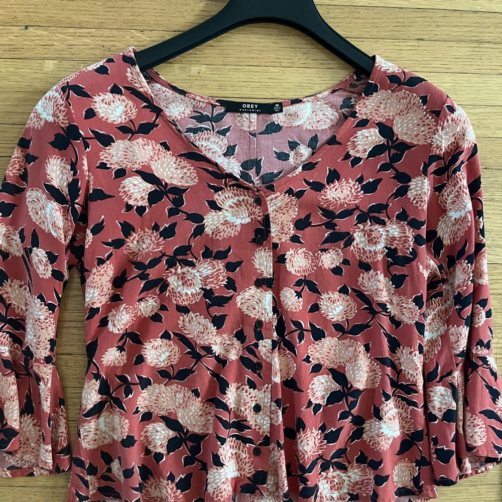 Obey Pink and Black Ruffled Blouse 3/4 Sleeve